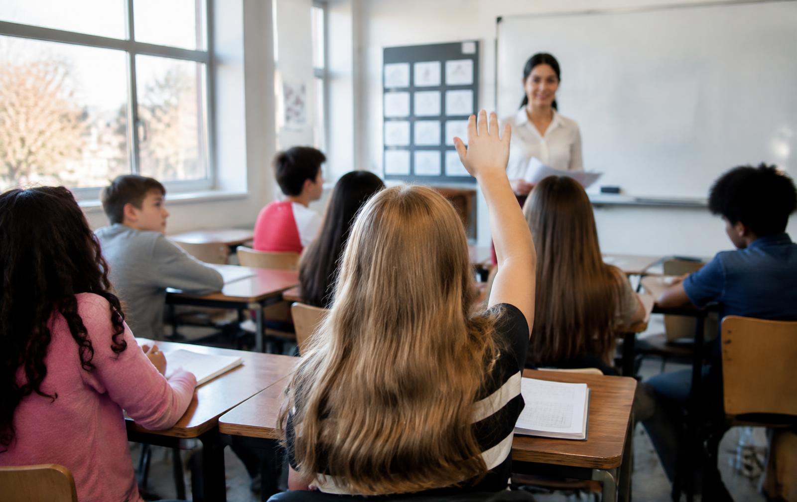 Student raising her hand in a sunlit classroom